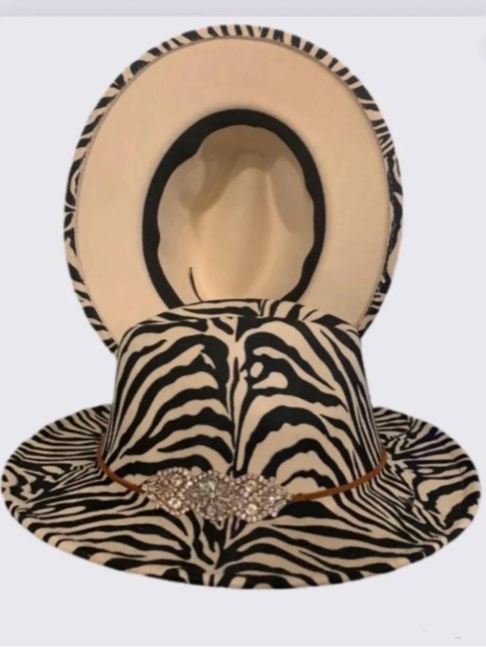 Zebra Print Wide-Brim Women's Hat with Jewel Accent